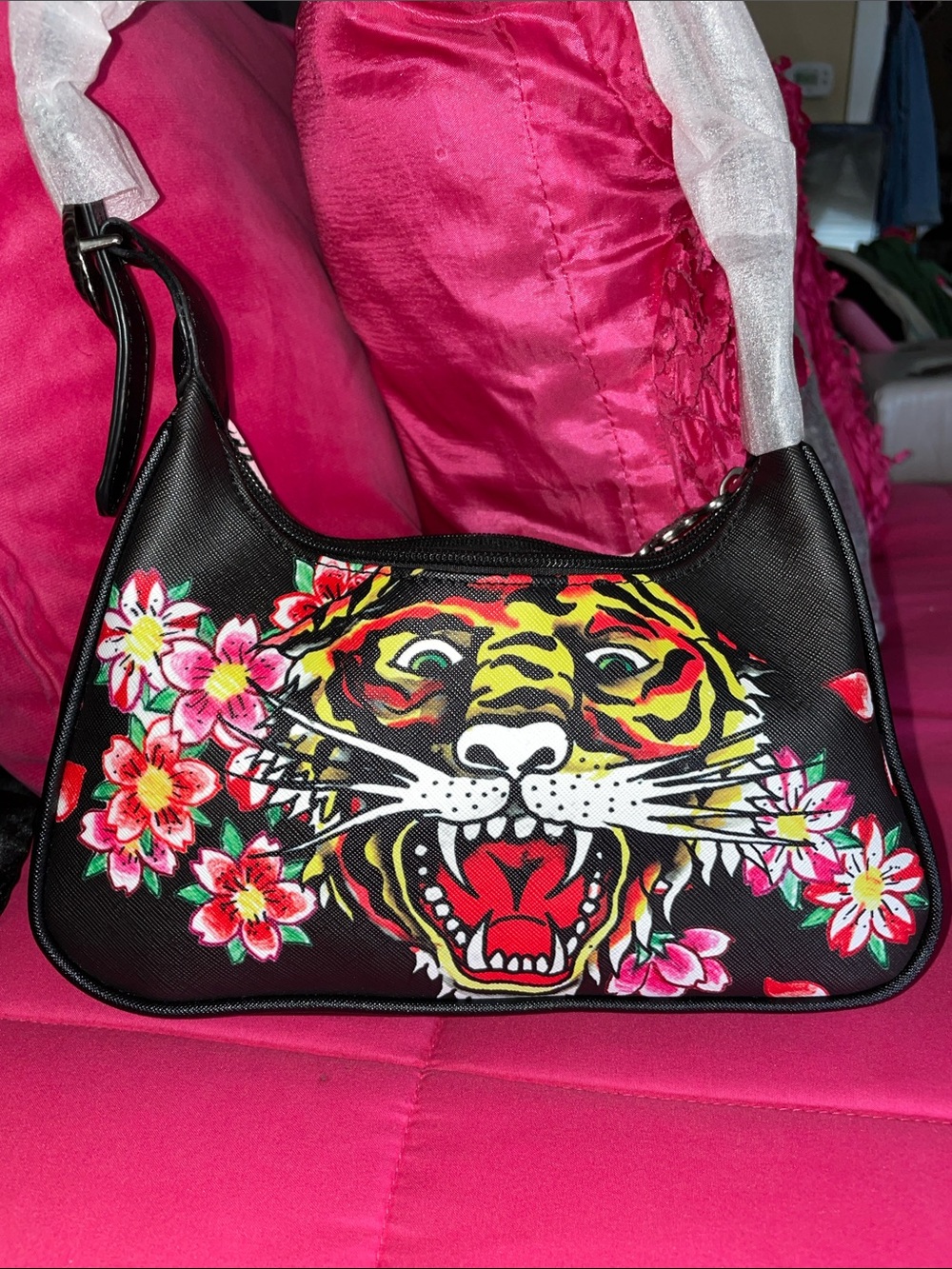 Black Floral Tiger Graphic Shoulder Bag